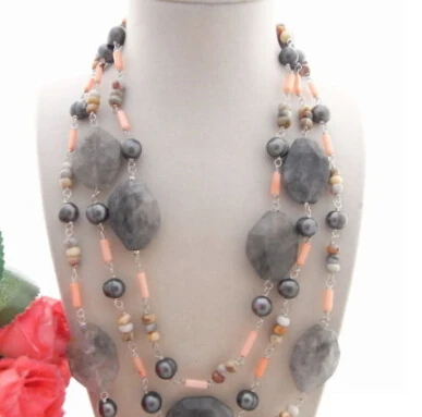 

Charming! 3row Pearl&Labradorite&Coral&Jasper Necklace