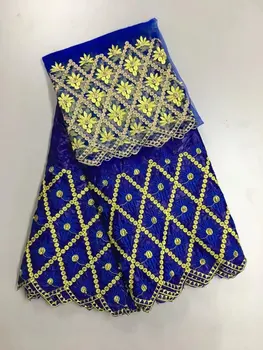 

blue&yellow lace embroidered bazin riche fabric with bead high quality french net lace nigerian scarf woman headtie 7yard/lot