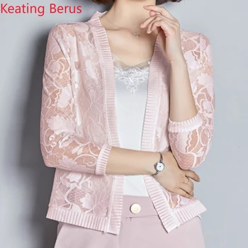 

Fashion Women's Lace Cardigan Coat Sexy Pink Seven-point Sleeves Lace Hollow Loose Sunscreen Clothing Women Tops Women Clothing