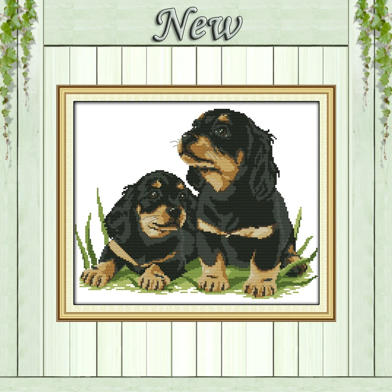 Two black dogs baby (3) animal Counted print on fabric DMC 14CT 11CT Cross Stitch Needlework kit Embroidery Sets Home wall Decor | Дом и сад