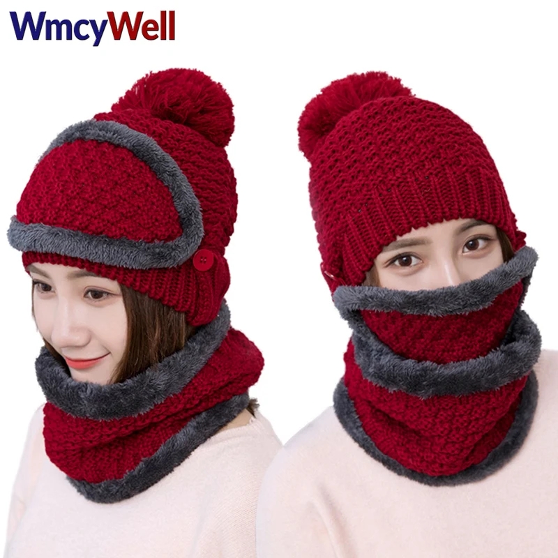 WmcyWell толстый плюс кашемир теплые шапочки и кольцо шарф и маски в виде шляп шарф осень зима женская вязаная шапка хлопок мяч крышка воротник