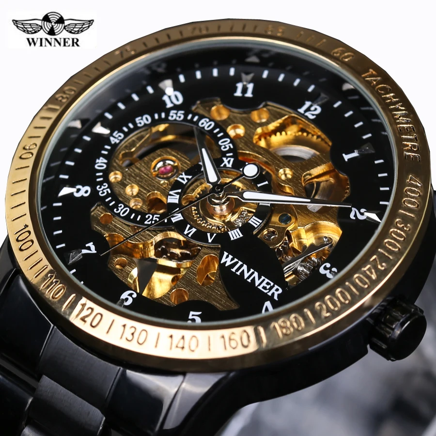 الكلاسيكية الفاخرة الفائز التلقائية الهيكل العظمي الميكانيكية ساعات رجالية ماركة العسكرية الذهب الكامل الصلب الأسود ووتش relogio