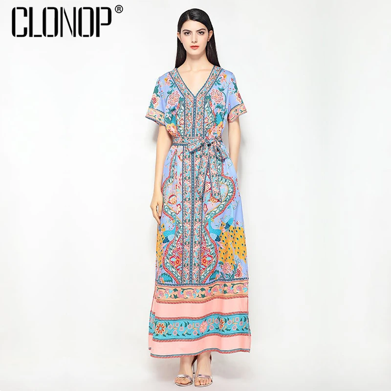 CLONOP Новый Boho Лето Для женщин макси платье 2018 v-образным вырезом короткий рукав
