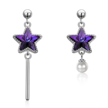 

New Crystal From Swarovski Earrings Purple Star Women Asymmetry Pearl Drop Earring 925 Silver Anniversary Jewelry Top Quality