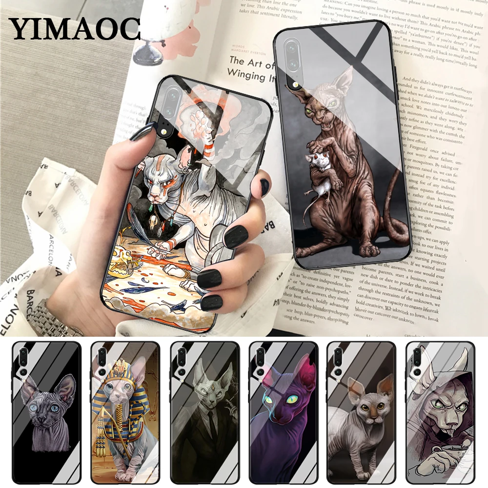 

YIMAOC Tattoo Sphinx Cat Glass Case for Huawei P10 lite P20 Pro P30 P Smart honor 7A 8X 9 10 Y6 Mate 20