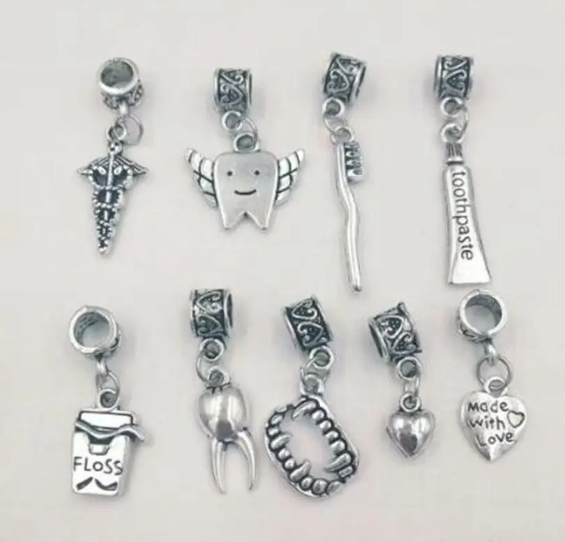 50 Dental Hygienist Collection Charms Dentist Floss Tooth Toothpaste Beads European Charms Pendant For Bracelet Jewelry Making