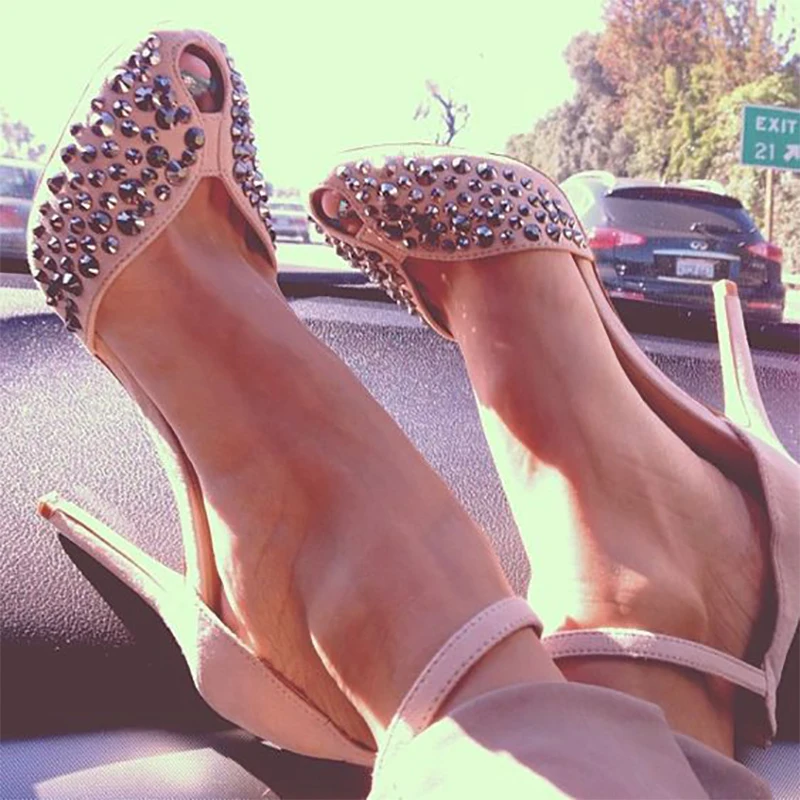 

TINGHON Women High Heels brand design Rivet Stiletto Pumps Sexy Lady Peep Toe Sandals Strap Buckle Princess Party Shoes