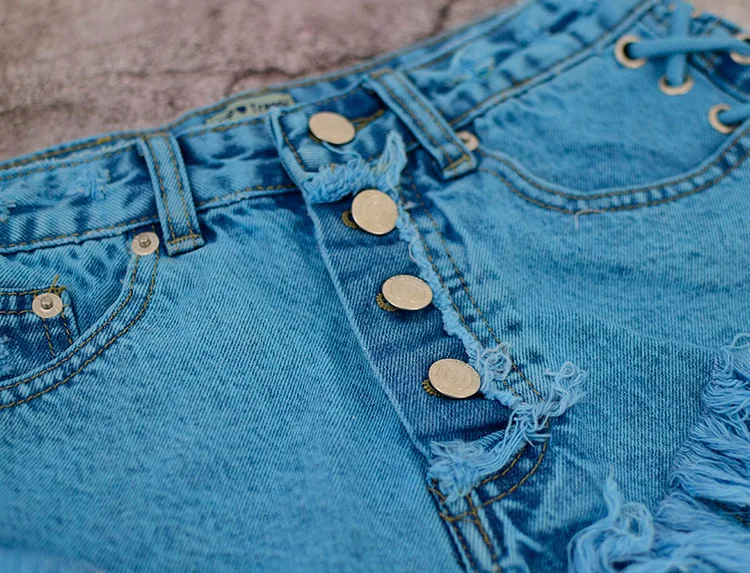 LOGAMI Рваные джинсовые шорты с завязками, женские сексуальные джинсовые шорты с высокой талией и пуговицами, женские повседневные шорты