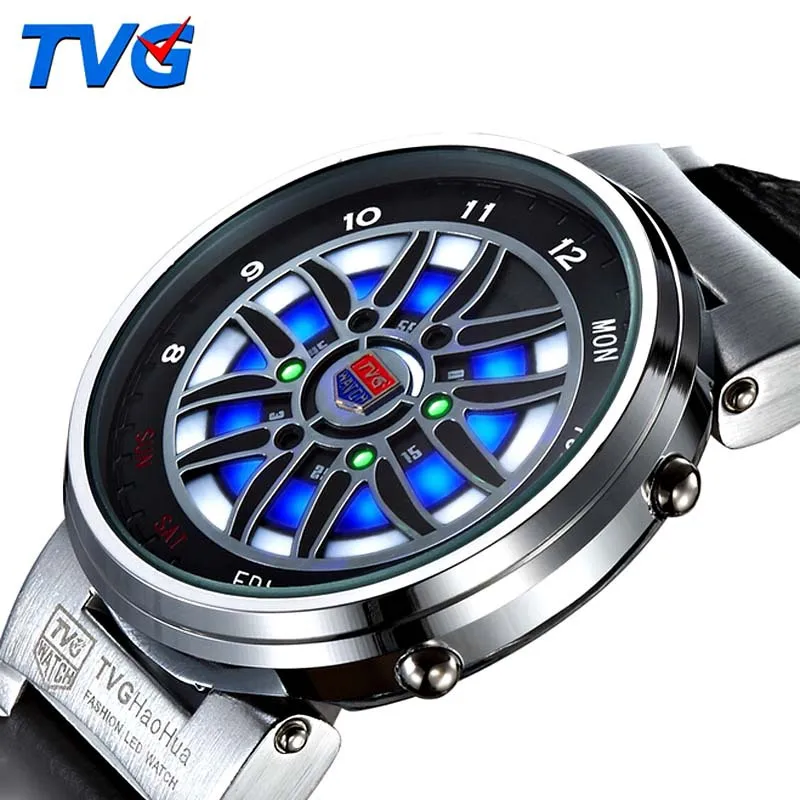 

TVG Men Watches Creative Design Car Wheel Led Disply Analog Digital Watches Men Outdoor Sports Dive Watch 30M Waterproof