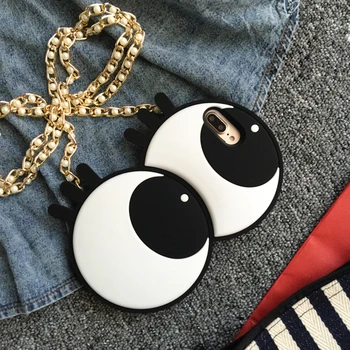 

For iphone 11 pro xs max xr x 6 6S plus 8 7 Plus case cover Cute 3D Cartoon Big Eyes Soft Silicone Back cover with Pearl Chain