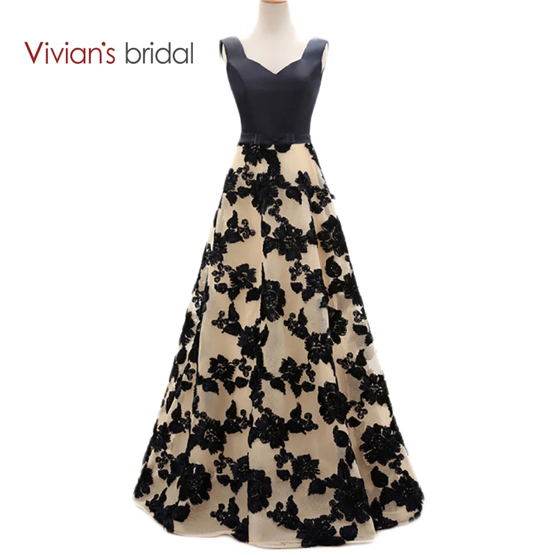 

Vivian's Bridal Black Lace A Line Evening Dresses Satin Long Formal Evening Gowns Dresses ED2301