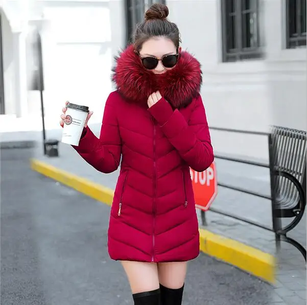 Зимняя женская куртка, Женское пальто, Женская парка, длинный рукав, капюшон, тонкий, сохраняющий тепло, меховой воротник, белое манто femme hiver - Цвет: Burgundy