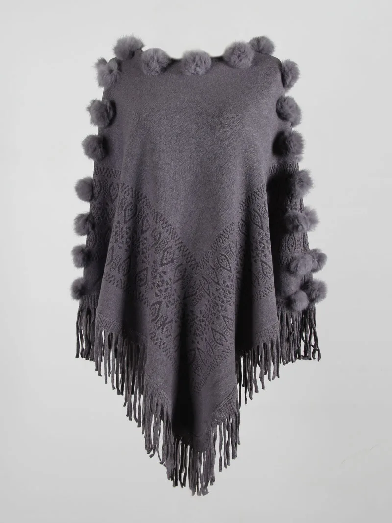 Fringed Cloak Shawl Hair Ball Pullover Knitted Sweaters Women Casual Streetwear Fringed Cloak Shawl Sweater Ladies Sweater