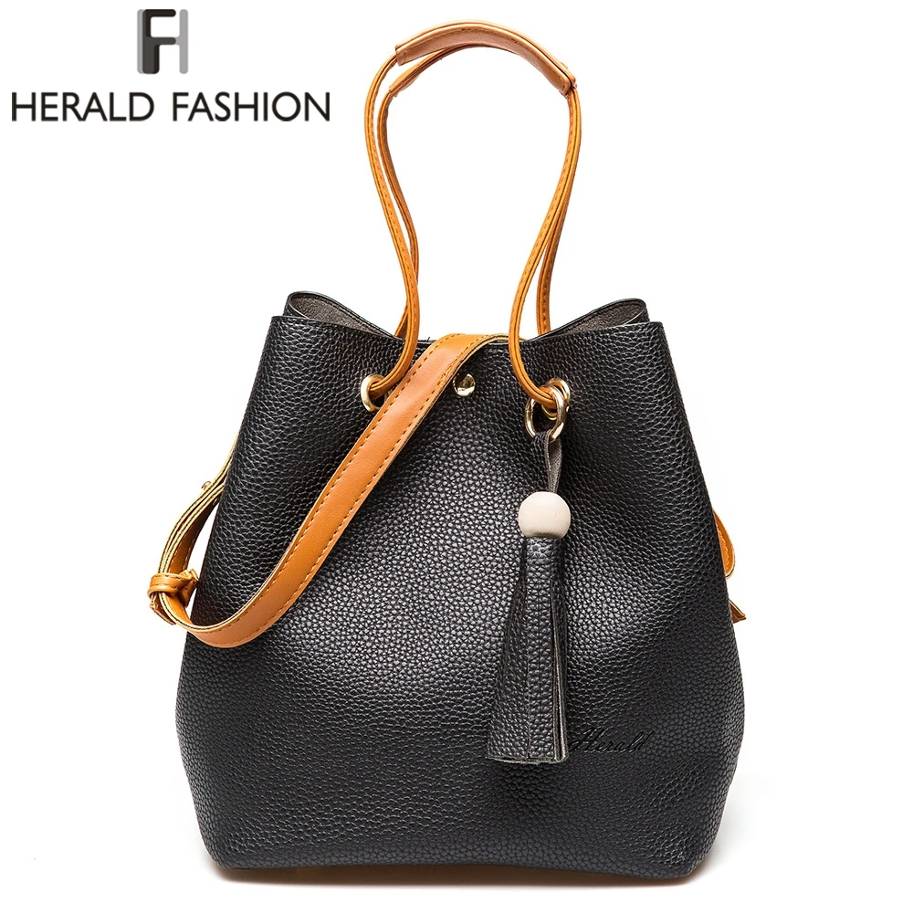 

Herald Fashion Brand PU Leather Women's Handbags Fashion Tassel Bucket Shoulder Bolsa Luxury Vintage Tote Bag Wallet Sets