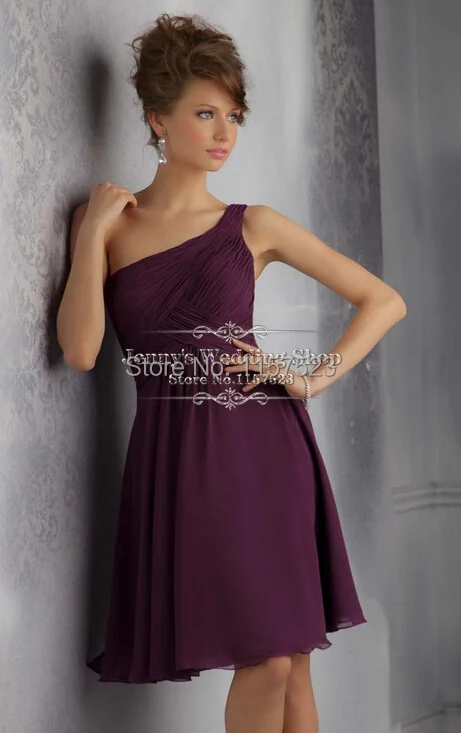 New Fashion Elegant One Shoulder Ziper Short Dark Purple Bridesmaid Dresses Plus Size Cheap