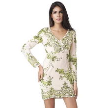 2017 summer new women's dress fashion sexy long-sleeved V-necklace dress sequins short section dress