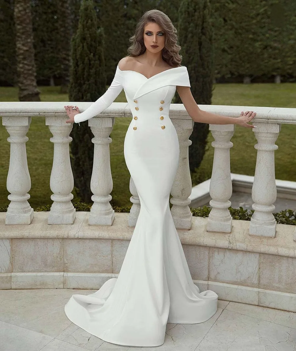 Arabic Mermaid Wedding Dress 2019 Off the Shoulder Ruffles Sweep Train Vestido De Novia Buttons robe de soiree | Свадьбы и торжества
