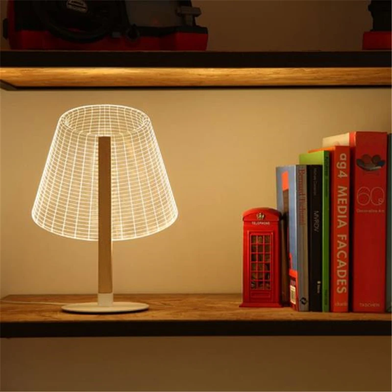 Креативный светодиодный ночник с 3D эффектом, Деревянная опора, акриловый абажур, Настольный светильник для гостиной, спальни, лампа для чтения с usb-разъемом