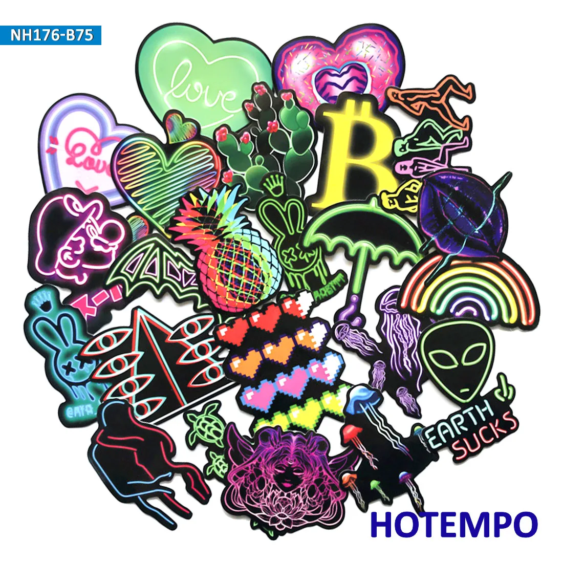 75pcs Color Neon Light Sticker Icon for Mobile Phone Laptop Luggage Skateboard Fixed Gear Bike Guitar Case Moto Decal Stickers