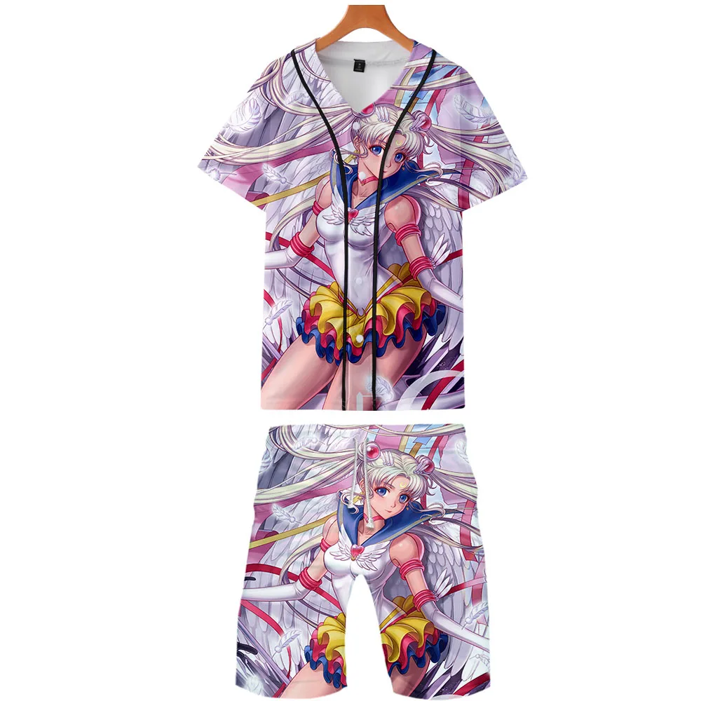 2019 Гавайская Сейлор Мун 3D печать забавная рубашка harajuku Slim Fit Топы аниме Летние повседневные пляжные мужские наборы Японская уличная
