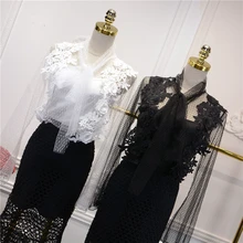 Plus Size Hot Sale Polyester Regular Blouse Body 2017 Spring New Sexy Perspective Lace Tattoo Belt With Net Yarn Shirt Woman