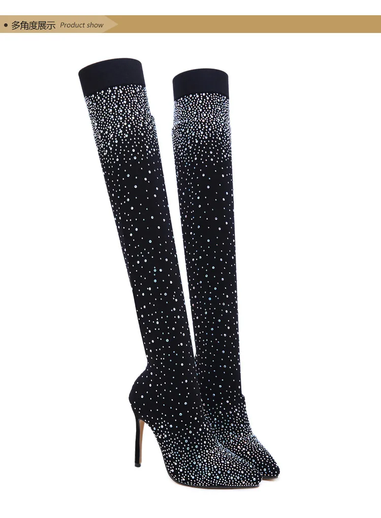 New Winter Knee Boots Sexy Fashion Warm Shiny Rhinestone Stretch Knee High Heel Women's Boots Winter Shoes ZL-139-21