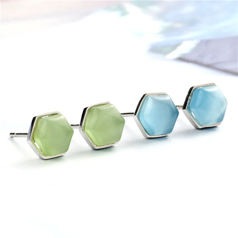 opal Hexagon moonlight stone earring 100% 925 Sterling silver Jewelry fashion Hypoallergenic Stud earrings for women gift