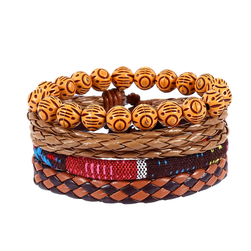 

4pcs/set hippie punk orange brown leather knots Layers tibetan buddha pattern beads stackable wrap wide Bracelet Bangle for man