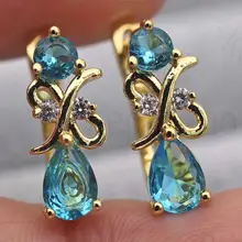 Роскошные серьги-кольца для женщин, желтое золото, заполненные полые капли, голубой циркон, ювелирные изделия, Коктейльные женские серьги, трендовые
