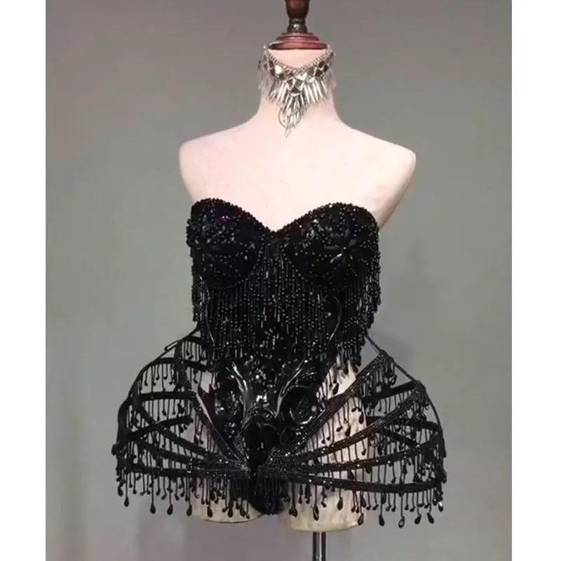 Черное сексуальное платье-боди с прозрачными бусинами, платье для сцены, платье для танцев, блестящий костюм для ночного клуба