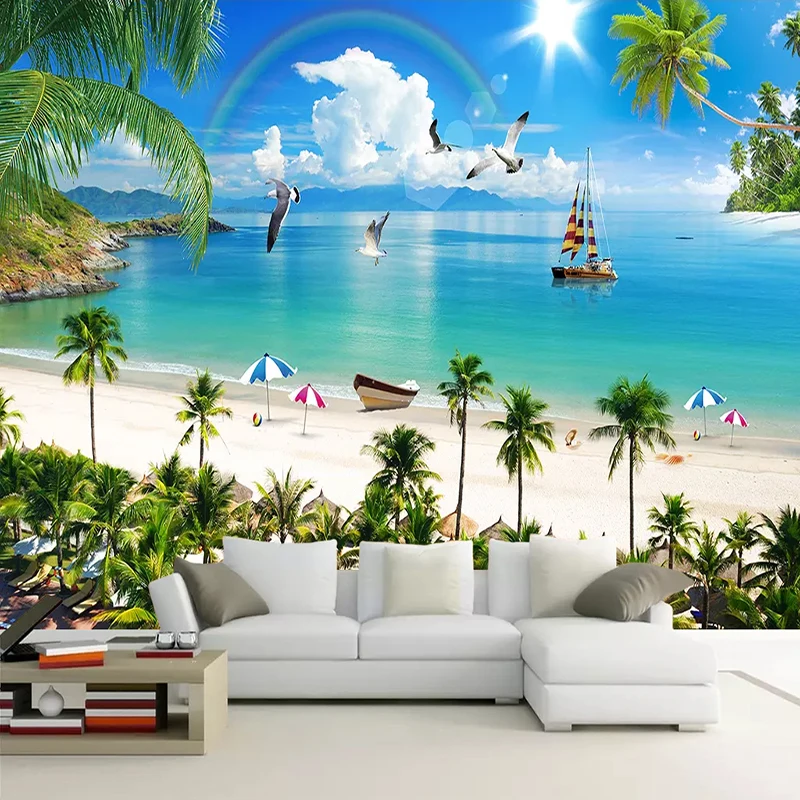 

Custom Wall Mural Wall Painting 3D Mediterranean Maldives Seascape Beach Coconut Tree Background Photo Wallpaper For Living Room