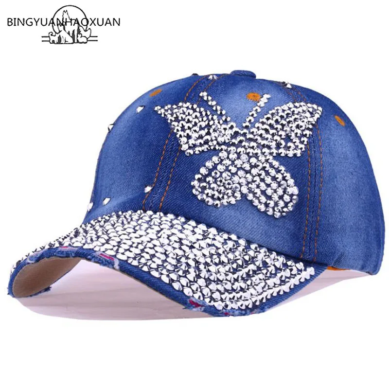 

BINGYUANHAOXUAN Baseball Cap Women Butterfly Rhinestone Caps Diamond Point Denim Casual Snapback Hats Girls Visor Hat Bone Cap
