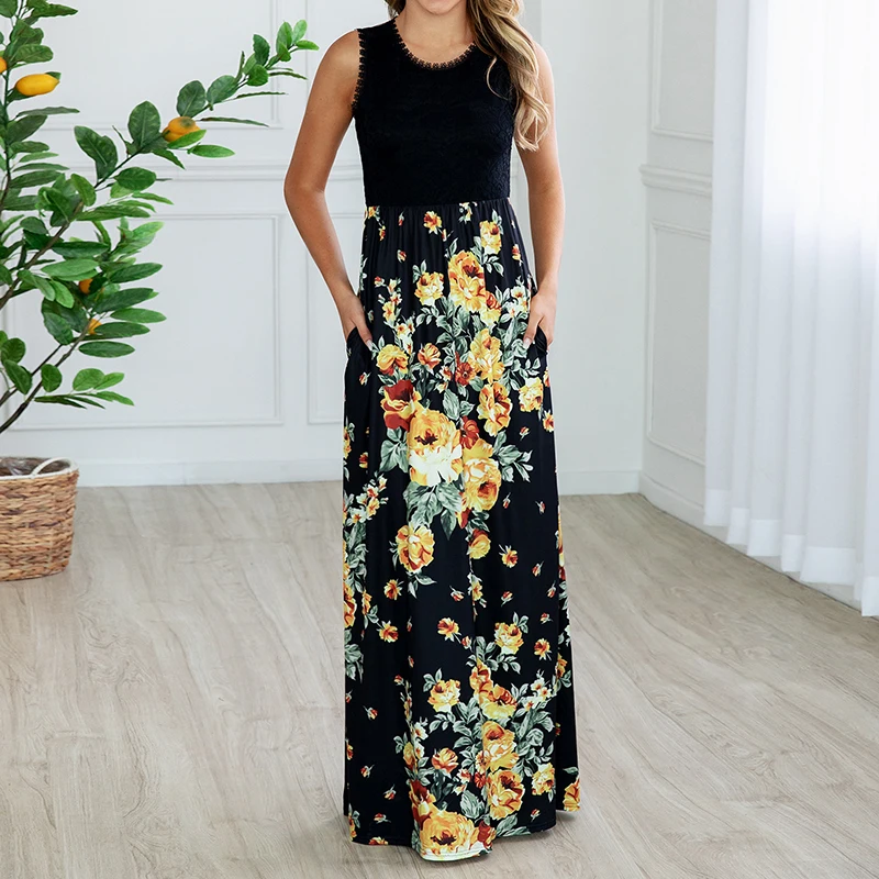 

2019 Long Dress Women Lace Patchwork Maxi Dress Summer Sexy Sleeveless Floral Beach Dress Tunic Tank Dresses Vestidos Mujer