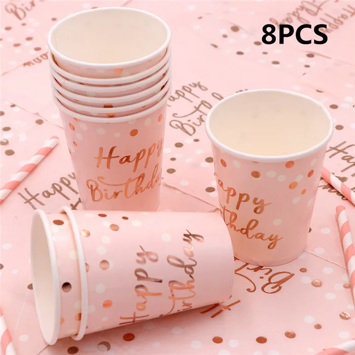 OurWarm Happy Birthday Disposable Party Tableware Pink Paper Cups Plates Napkin s Kids Birthday Party Supplies - Цвет: 8pcs cup