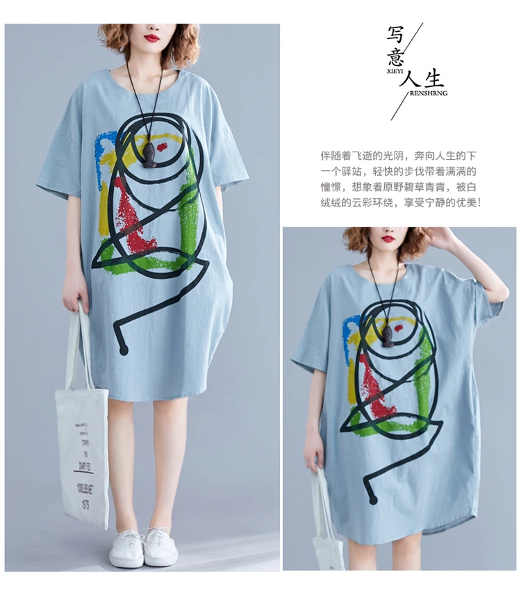 Винтажное Забавное платье-футболка с принтом аниме из мультфильма размера плюс 4XL 5XL 6XL, хлопковое платье с рукавами летучая мышь, женские льняные платья большого размера, новинка