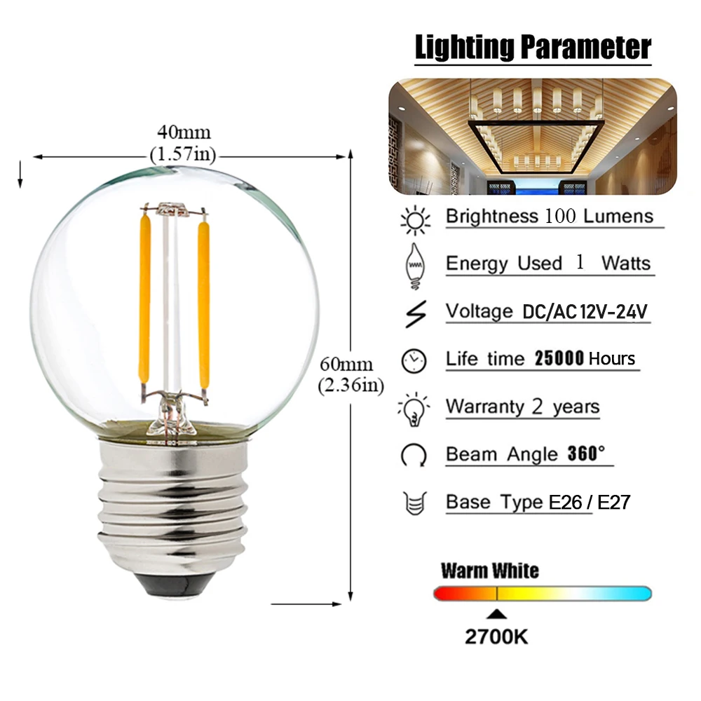 12V- 24V DC AC 1W E27 LED COB Filament Light Bulb G40 Warm White 2700K LED Lamp Low Voltage Retro Edison 12V Bulbs Replace 10W