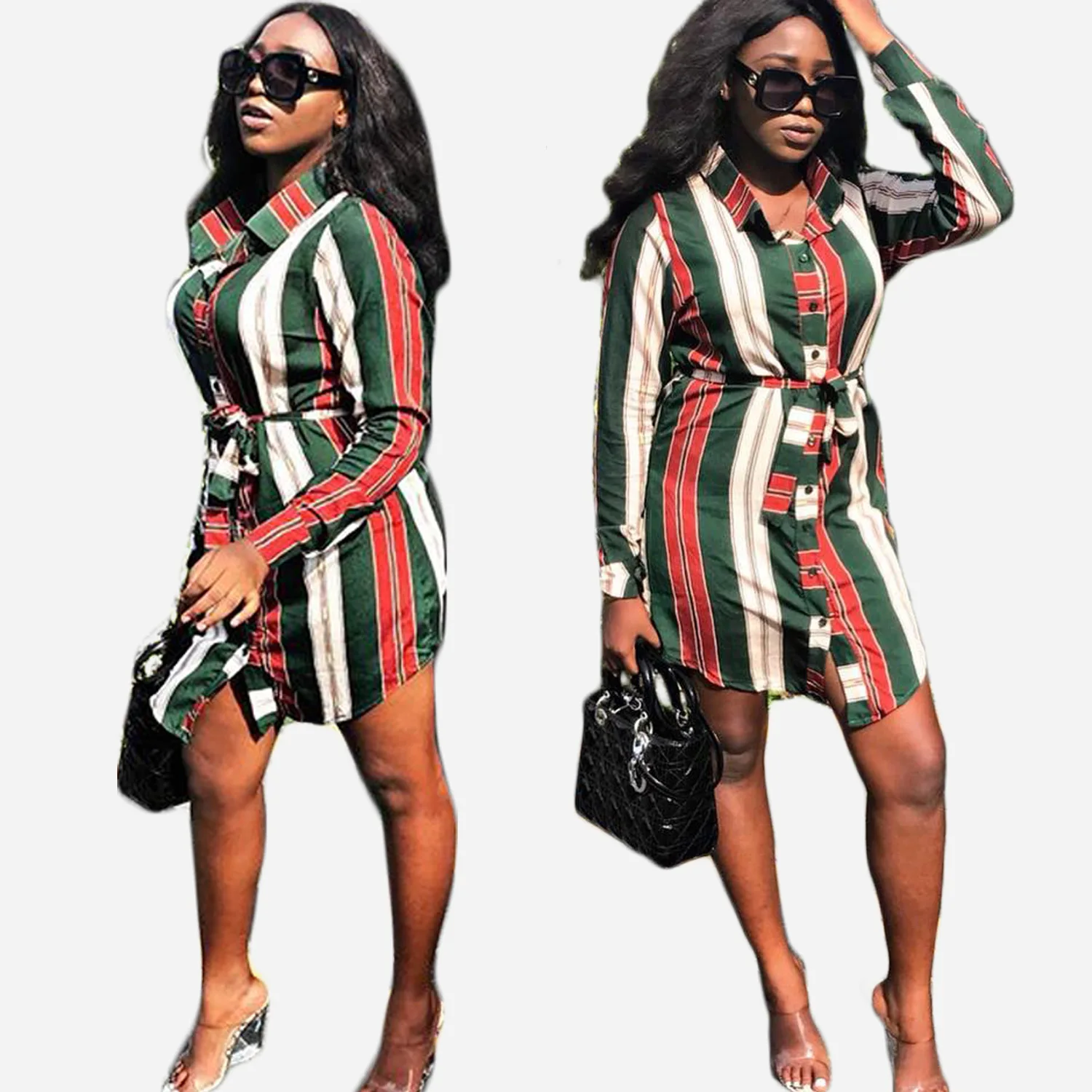 

Spring 2019 new style, fashionable African style, long shirt with fashionable stripes, single buckle with belt,