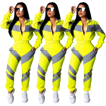

Casual Contrast Color Patchwork Two-Piece Set Zipper Front Long Sleeve Suit Stand Neck Loose Tracksuit Female