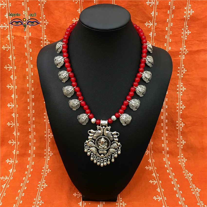 

Ethnic retro tribal style like god peacock jhumki original handmade resin red beads India Southeast Asia necklace