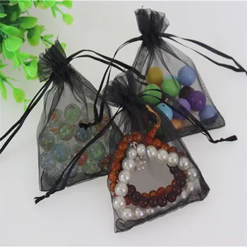 

Wholesale 100pcs/lot 9*12cm Black Jewelry Pacakging Gift Pouches Can be Printed Logo Tulle Drawstring Organza Bags