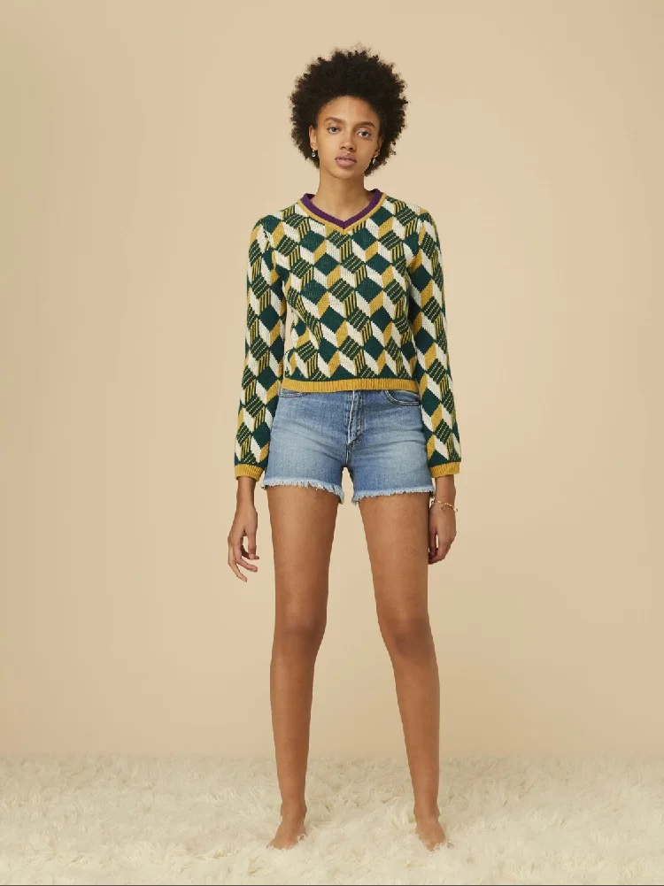 

2018 new geometric plaid contrast color v-neck full wool pullover sweater sweater