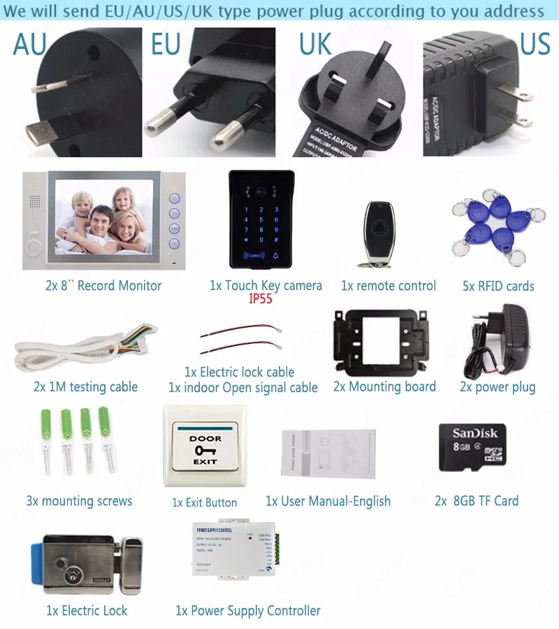 JERUAN 8 ''видео домофон запись домофон комплект 2 монитора новые rfid-водонепроницаемый Touch ключ пароль, клавиатура Камера 8 г SD карты