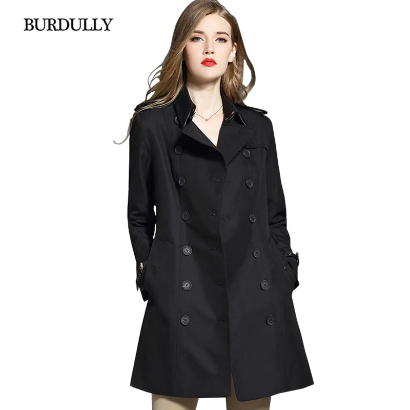 Kopen BURDULLY 2018 Herfst Nieuwe vrouwen Turn down Kraag Lange Jas Ongedwongen Geul Double Breasted Solid Verstelbare Taille Epaulat