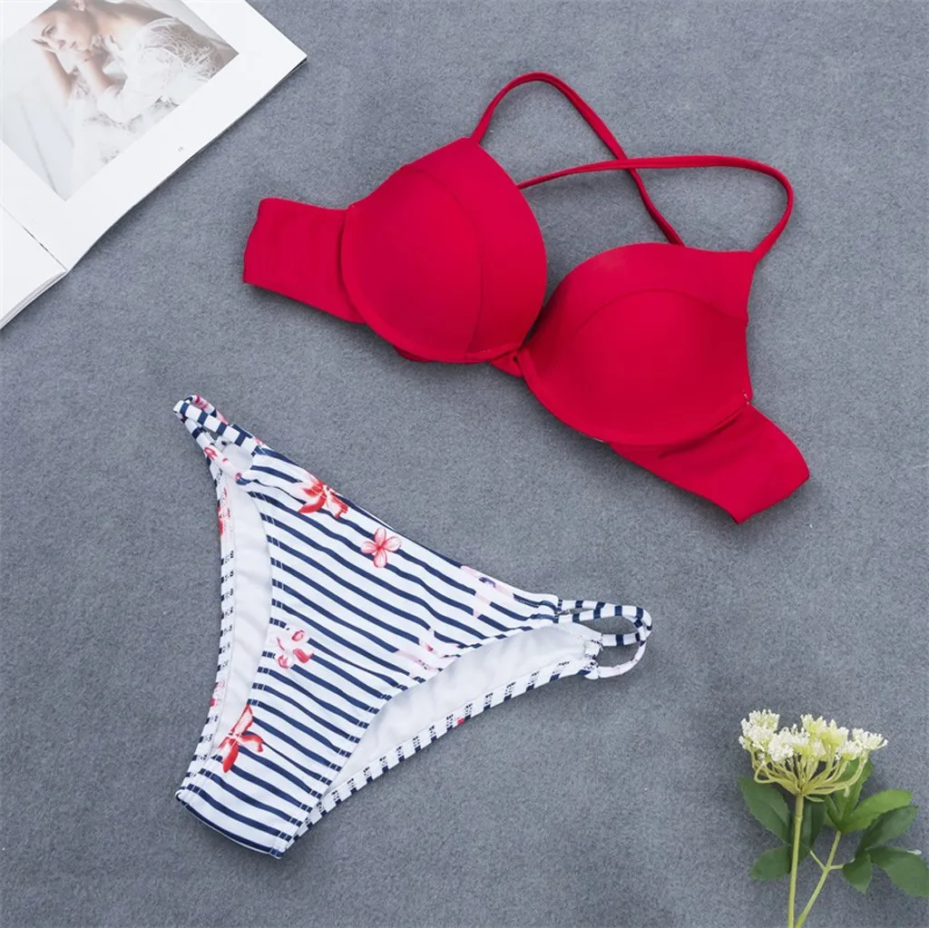 

Women's Fashion Striped Bikini Set Push-Up Padded Bra Beach Halter Swimsuit Girl Summer Red Lace Swimwear Beachwear Sexy Suit