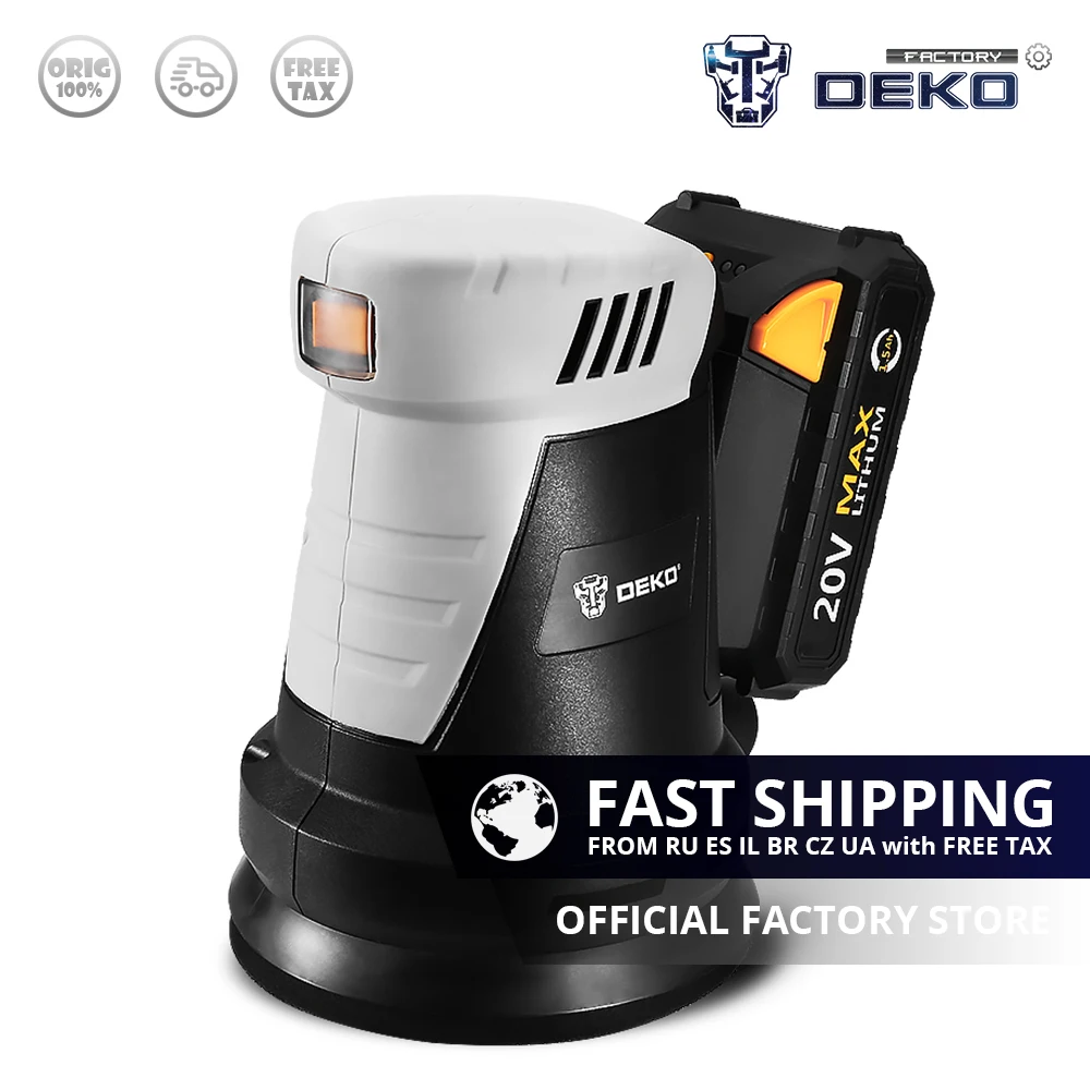 

DEKO QD6203 20V Cordless Random Orbit Sander with 15 Sheets of sandpaper and Hybrid dust canister Lithium-Ion Battery 10,000/min