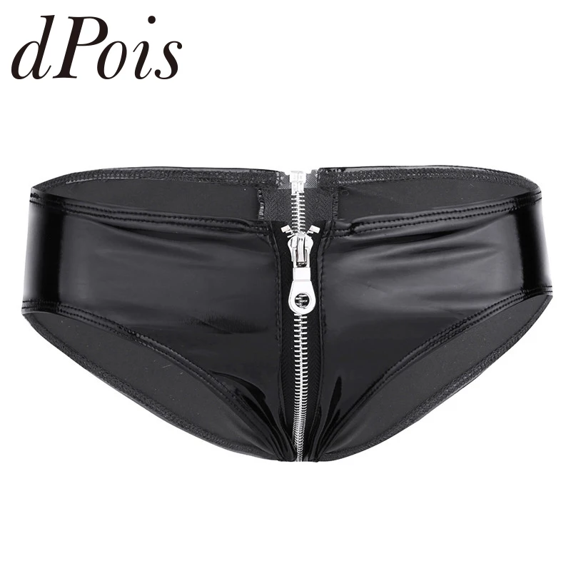 

Black Sexy Womens Lingerie Sexy Panties Shiny Patent Leather Zipper Crotch Low Rise Bikini Briefs Underwear Clubwear Underpants