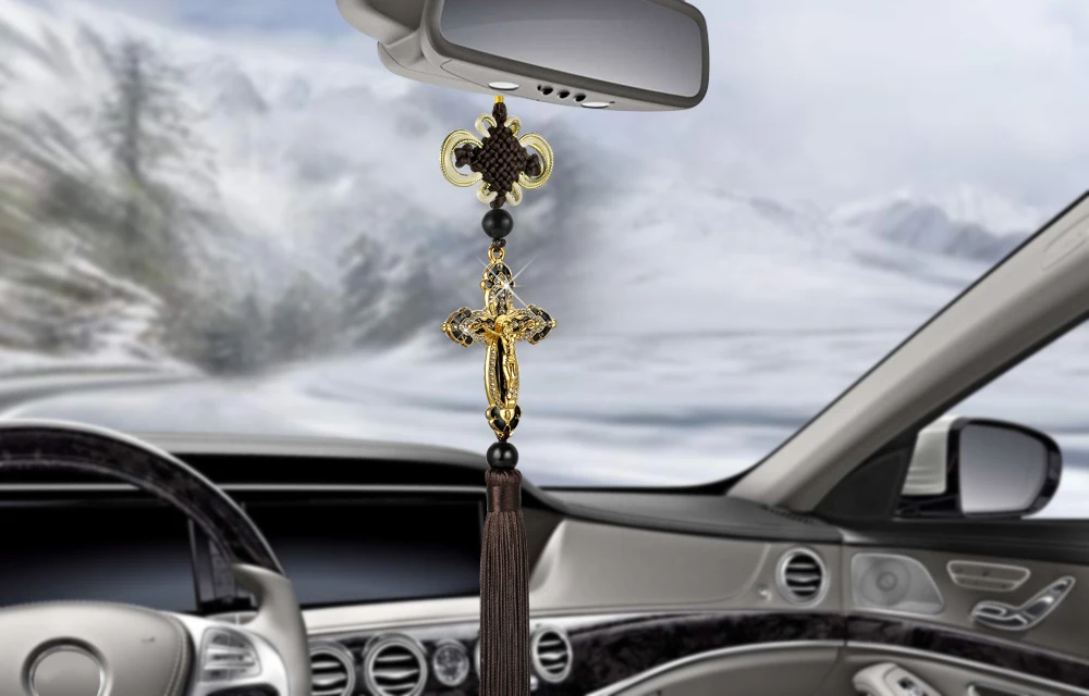 Автомобильный кулон, металлический Алмазный крест, религиозное Автомобильное зеркало заднего вида, украшение, Висячие автомобильные аксессуары для укладки