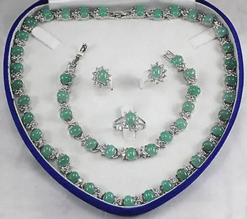 

free shipping 00810 Natural Light Green Jade Necklace Bracelet Earring Ring Jewelry Sets