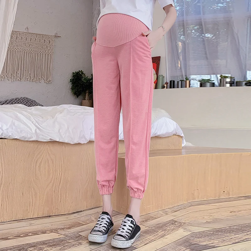 

2011# Thin Knitted Maternity Jogger Pants Summer Casual Sports Clothes for Pregnant Women Elastic Waist Belly Pregnancy Pants