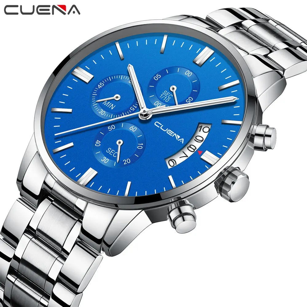 

CUENA Chic Casual Quartz Watch Men Blue Dial Luminous Hands Chronograph Calendar Top Brand Luxury Multifunction Waterproof Clock